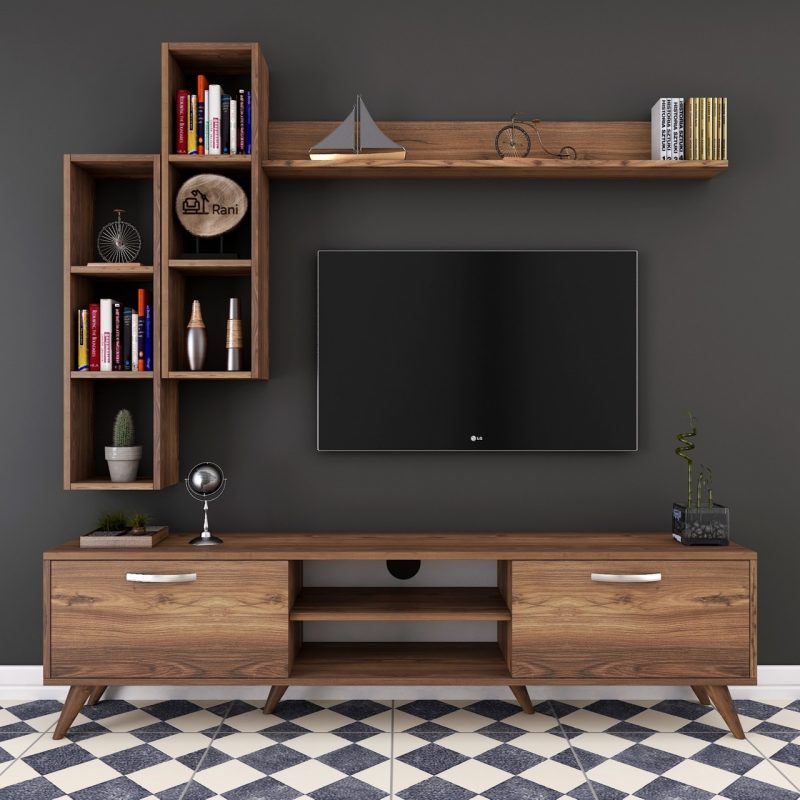 Rani A9 Duvar Raflı Tv Ünitesi Kitaplıklı Tv Sehpası Duvara Monte Raflı Modern Ayaklı 180 cm Minyatür Ceviz M16
