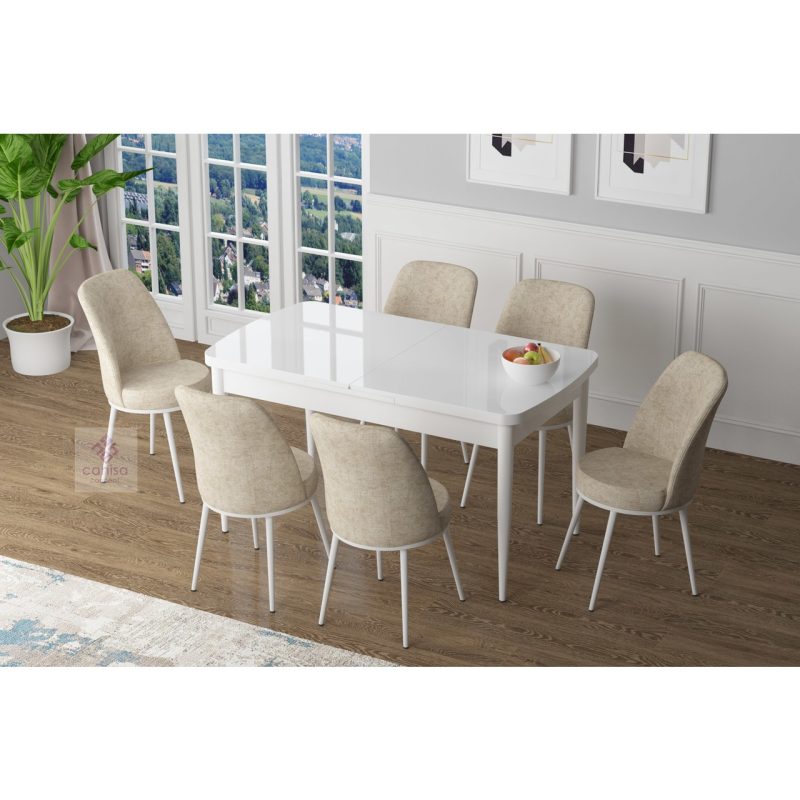 Canisa Concept Zen Serisi Mdf Açılabilir Mutfak Masası Takımı-Yemek Masası Takımı Beyaz Masa+6 Sandalye