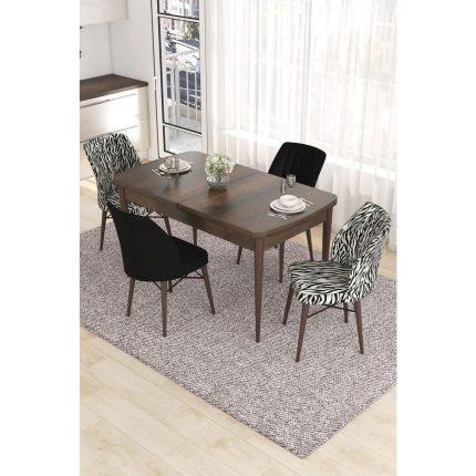 Canisa Concept Eva Serisi, 80 x 132 cm  Açılabilir Mdf Mutfak Masa Takımı, Barok Ahşap Desen Masa ve 4 Sandalye