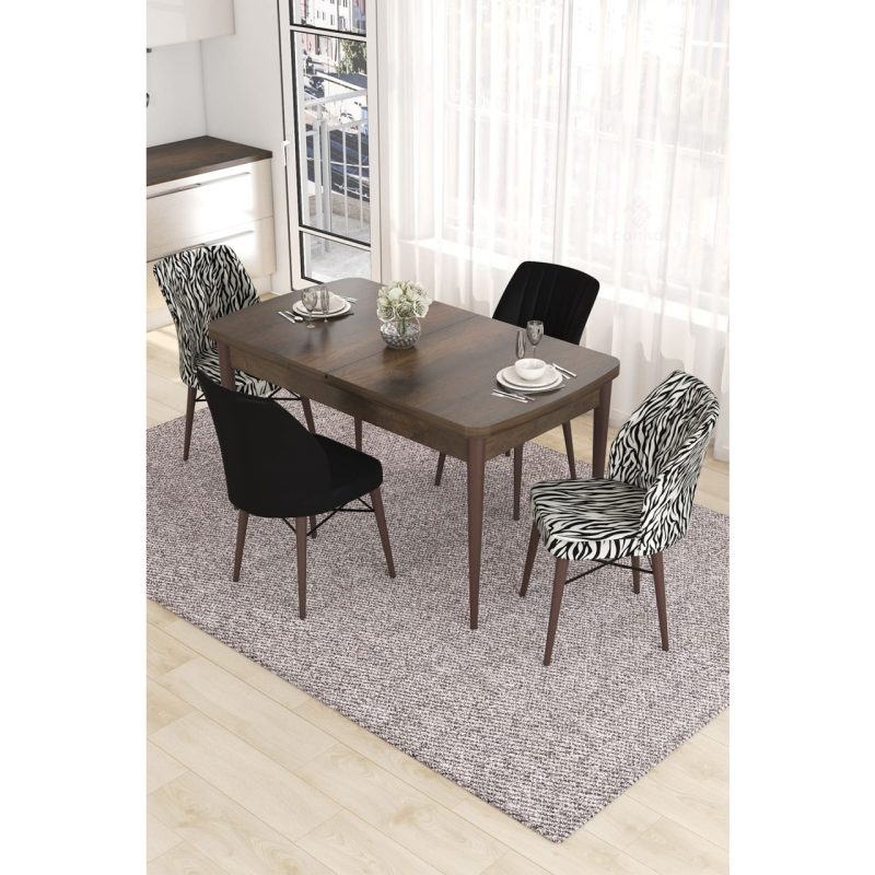 Canisa Concept Eva Serisi, 80 x 132 cm  Açılabilir Mdf Mutfak Masa Takımı, Barok Ahşap Desen Masa ve 4 Sandalye