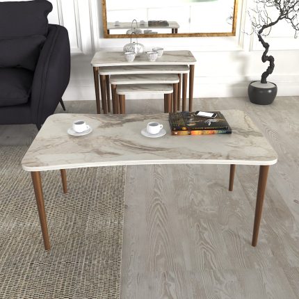 Zuesse Dizayn Aleyna Orta Sehpa ve Zigon Sehpa Ahşap Ayaklı Çay Kahve Sehpası Xl 5’li Salon Seti – Beyaz Mermer