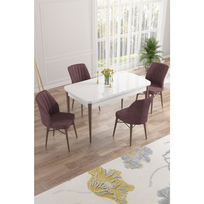 Canisa Concept Nef Serisi 70 x 114 Cm, Açılabilir Mdf Mutfak Masa Takımı,  Masa Ceviz Ayak, 4 Sandalye