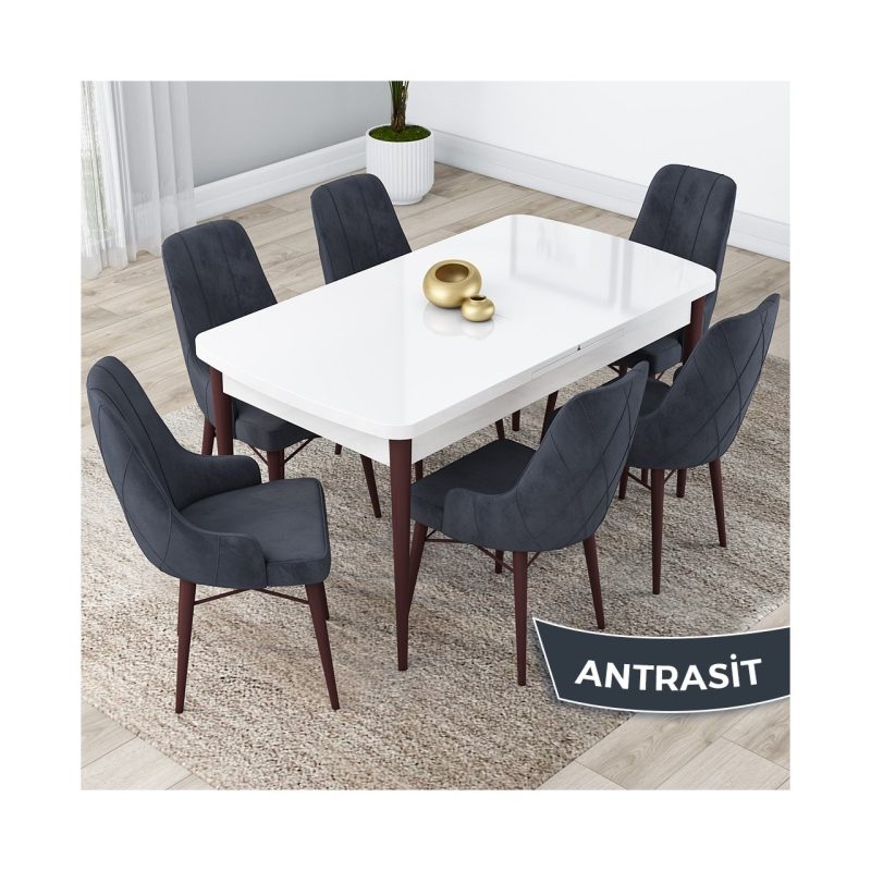 Canisa Concept Lia Serisi, 80 x 132 cm Açılabilir Mutfak Masa Takımı, Beyaz Masa Ceviz Ayak 6 Sandalye