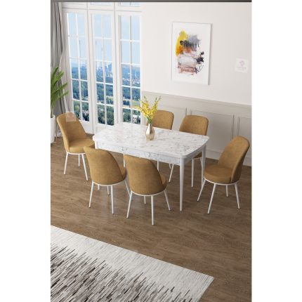 Canisa Concept Zen Serisi Mdf Açılabilir Mutfak Masası Takımı ,beyaz Mermer Desen Masa + 6 Adet Sandalye