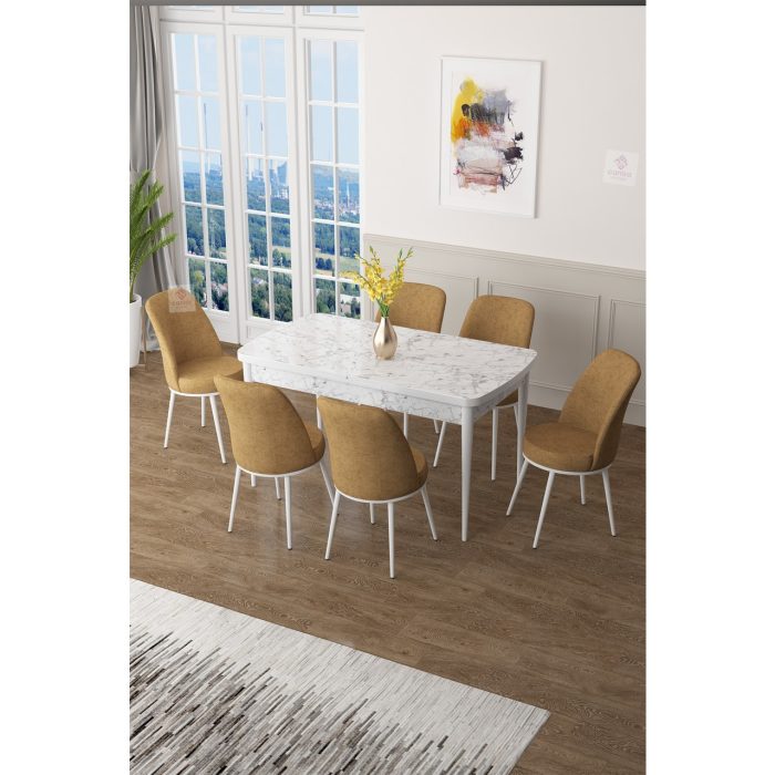 Canisa Concept Zen Serisi Mdf Açılabilir Mutfak Masası Takımı ,beyaz Mermer Desen Masa + 6 Adet Sandalye