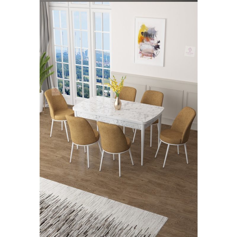 Canisa Concept Zen Serisi Mdf Açılabilir Mutfak Masası Takımı ,beyaz Mermer Desen Masa + 6 Adet Sandalye