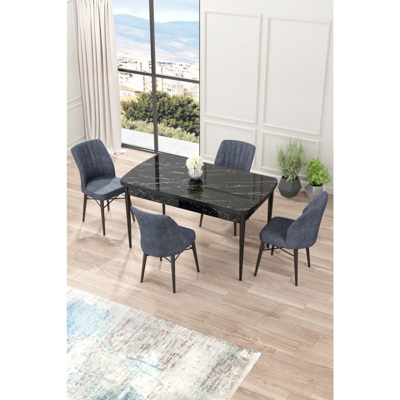 Canisa Concept Nef Serisi 70 x 114 Cm, Açılabilir Mdf Mutfak Masa Takımı, Siyah Mermer Desen Masa ve 4 Sandalye