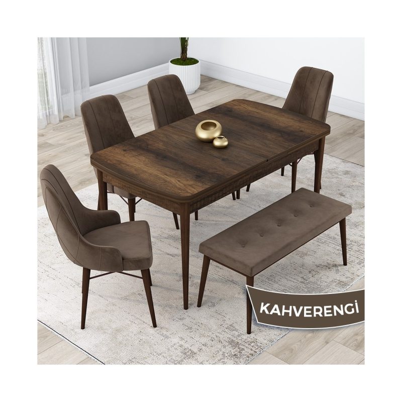 Canisa Concept Kar Serisi, 80X132 Açılabilir Mdf Mutfak Masa Takımı, Barok Ahşap Desen Masa 4 Sandalye 1 Bench