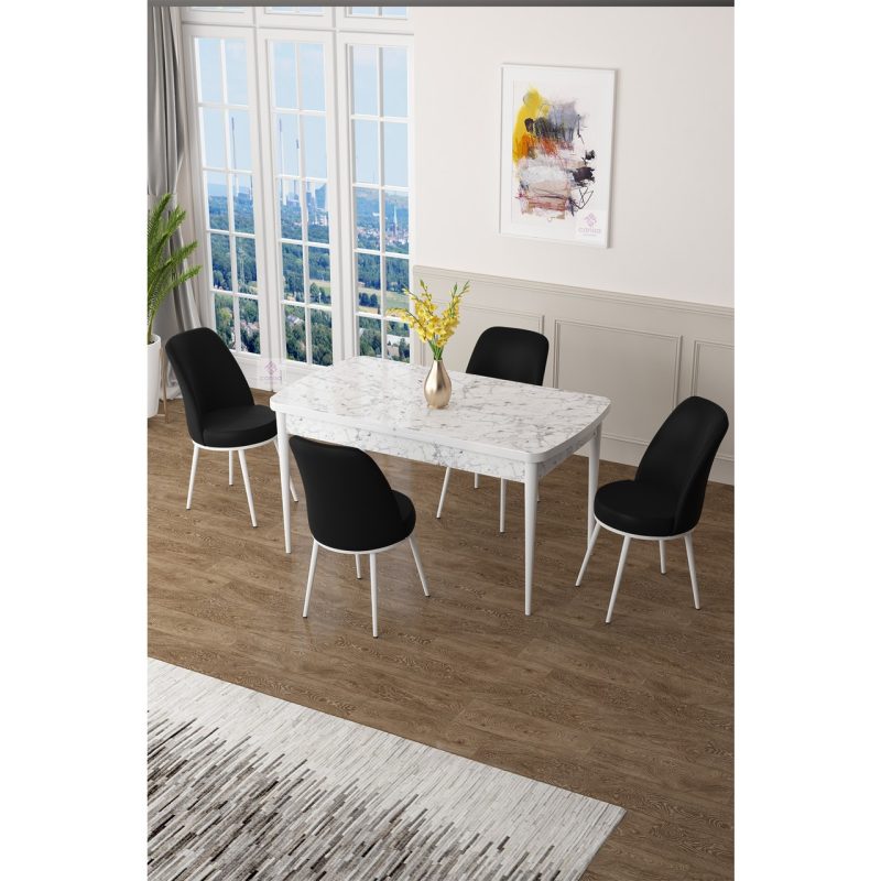 Canisa Concept Zen Serisi Mdf Açılabilir Mutfak Masası Takımı ,beyaz Mermer Desen Masa + 4 Adet Sandalye