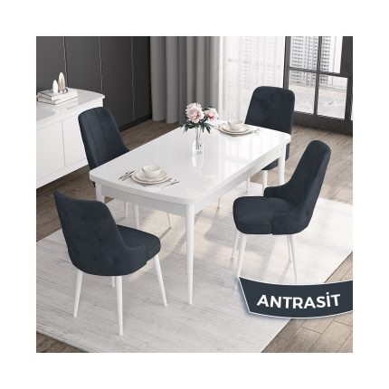 Canisa Concept Roy Serisi,80 x 132 cm Açılabilir Mdf Masa,beyaz Mutfak Masa Takımı,4 Sandalye