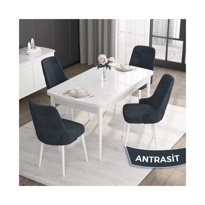 Canisa Concept Roy Serisi,80 x 132 cm Açılabilir Mdf Masa,beyaz Mutfak Masa Takımı,4 Sandalye