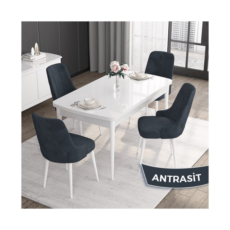 Canisa Concept Roy Serisi,80 x 132 cm Açılabilir Mdf Masa,beyaz Mutfak Masa Takımı,4 Sandalye