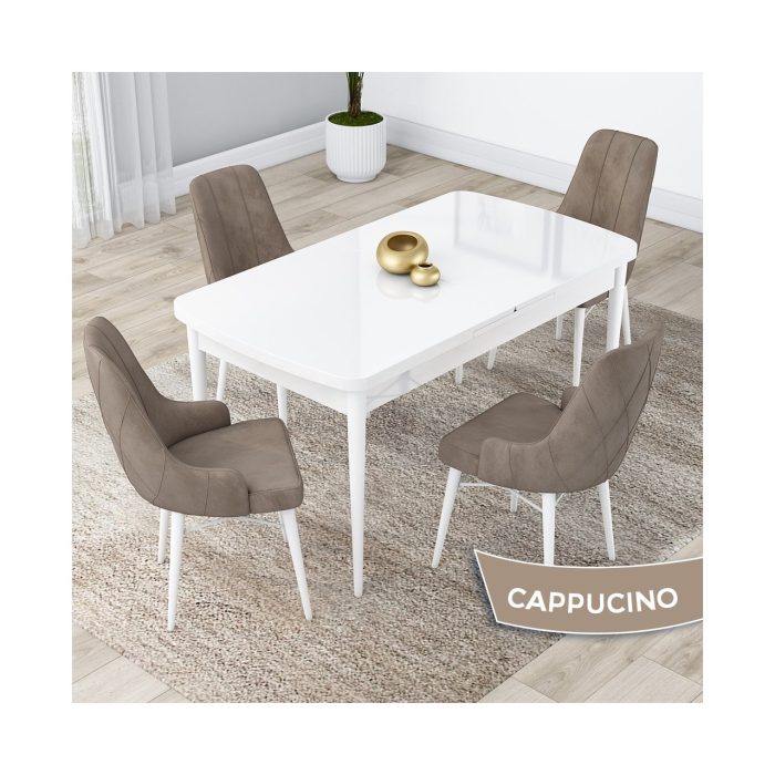 Canisa Concept Kar Serisi, 80X132 Açılabilir Mdf Mutfak Masa Takımı, Beyaz Masa 4 Sandalye