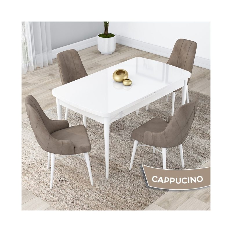 Canisa Concept Kar Serisi, 80X132 Açılabilir Mdf Mutfak Masa Takımı, Beyaz Masa 4 Sandalye