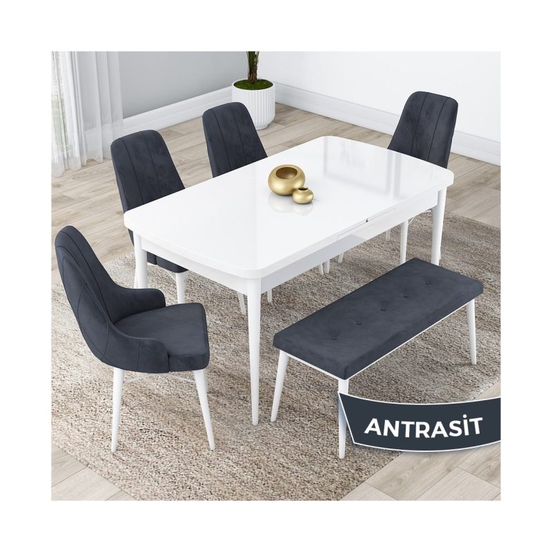 Canisa Concept Kar Serisi, 80X132 Açılabilir Mdf Mutfak Masa Takımı, Beyaz Masa 4 Sandalye ve 1 Bench