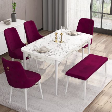 Canisa Concept Are Serisi 80 x 132 cm Açılabilir Benchli Mdf Beyaz Mermer Desen Mutfak Masa Takımı 4 Sandalye 1 Bench