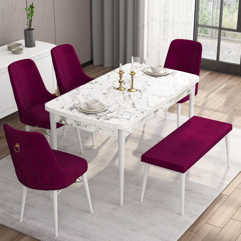 Canisa Concept Are Serisi 80 x 132 cm Açılabilir Benchli Mdf Beyaz Mermer Desen Mutfak Masa Takımı 4 Sandalye 1 Bench
