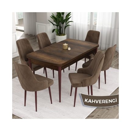 Canisa Concept Ram Serisi, 80 x 132 cm Açılabilir Masa Takımı, Barok Ahşap Desen Masa 6 Sandalye