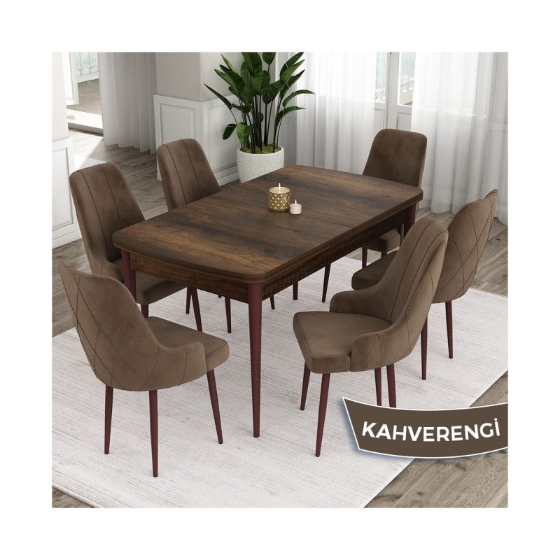 Canisa Concept Ram Serisi, 80 x 132 cm Açılabilir Masa Takımı, Barok Ahşap Desen Masa 6 Sandalye
