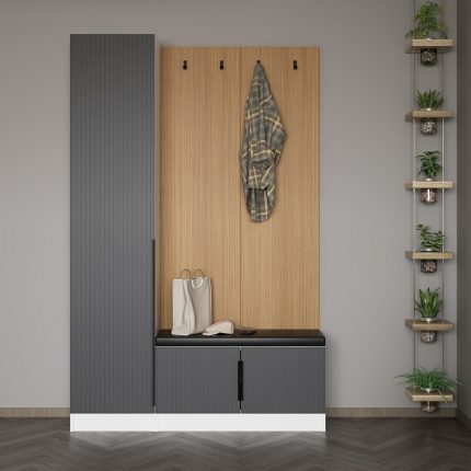Minar Kale Dekor Panel 1 Kapaklı 1b Raf Portmanto + Ayakkabılık Minderli Beyaz Mebran Çizgili Antrasit