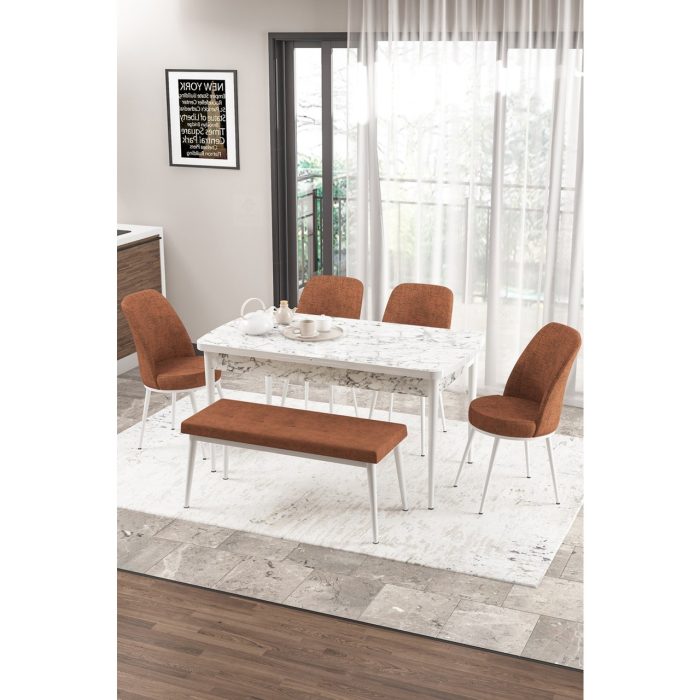 Canisa Concept Zen Serisi Bench’li 80 x 132 cm Açılabilir Mdf Mutfak Masası Takımı Beyaz Mermer Desen