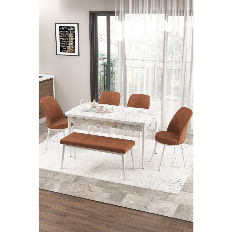 Canisa Concept Zen Serisi Bench’li 80 x 132 cm Açılabilir Mdf Mutfak Masası Takımı Beyaz Mermer Desen