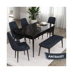 Canisa Concept Eta Serisi 80 x 132 cm Açılabilir Mdf Mutfak Masa Takımısiyah Mermer Desen Masa 4 Sandalye ve 1 Bench