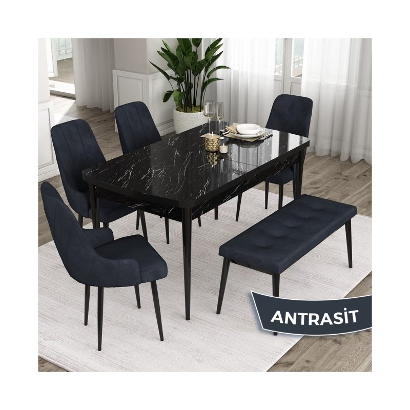 Canisa Concept Eta Serisi 80 x 132 cm Açılabilir Mdf Mutfak Masa Takımısiyah Mermer Desen Masa 4 Sandalye ve 1 Bench