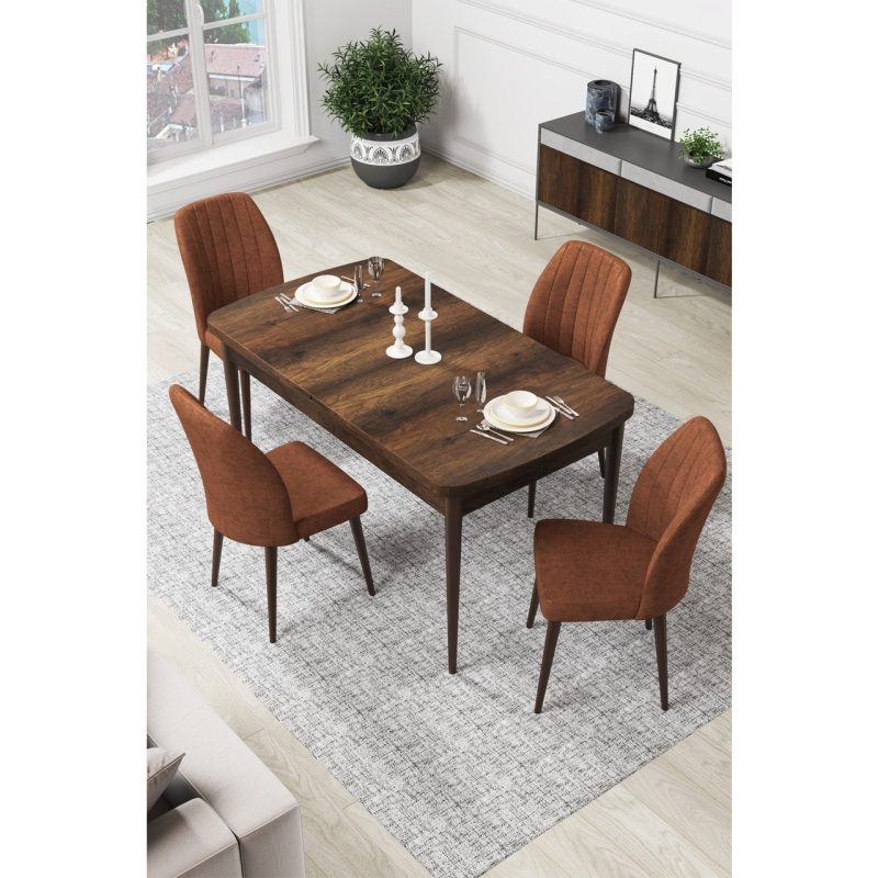 Canisa Par Serisi 70 x 114 Cm, Açılabilir Mdf Mutfak Masa Takımı, Barok Ahşap Desen Masa ve 4 Sandalye