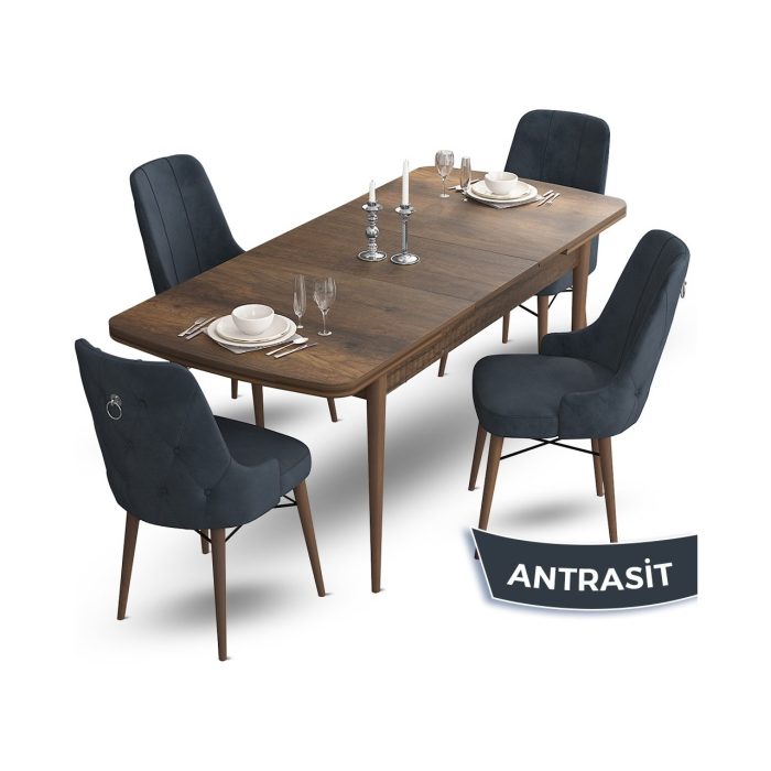 Canisa Concept Taç Serisi 80 x 132 cm Barok Ahşap Desen Mutfak Masası Takımı 4 Sandalye Gümüş Halkalı