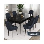 Canisa Concept Eta Serisi 80 x 132 cm Açılabilir Mdf Mutfak Masa Takımısiyah Mermer Desen Masa 6 Sandalye
