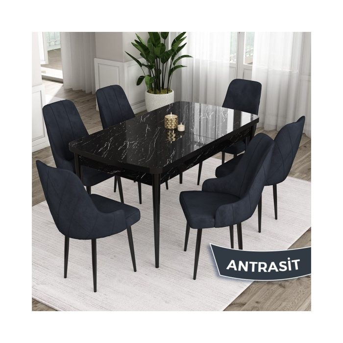 Canisa Concept Eta Serisi 80 x 132 cm Açılabilir Mdf Mutfak Masa Takımısiyah Mermer Desen Masa 6 Sandalye