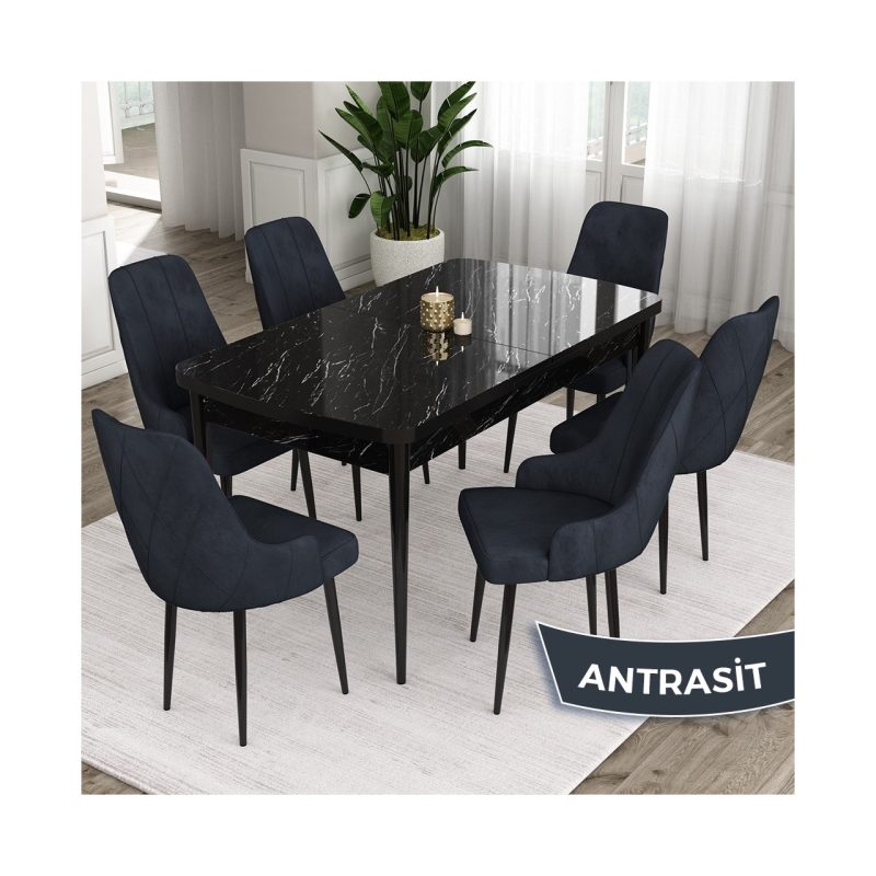 Canisa Concept Eta Serisi 80 x 132 cm Açılabilir Mdf Mutfak Masa Takımısiyah Mermer Desen Masa 6 Sandalye
