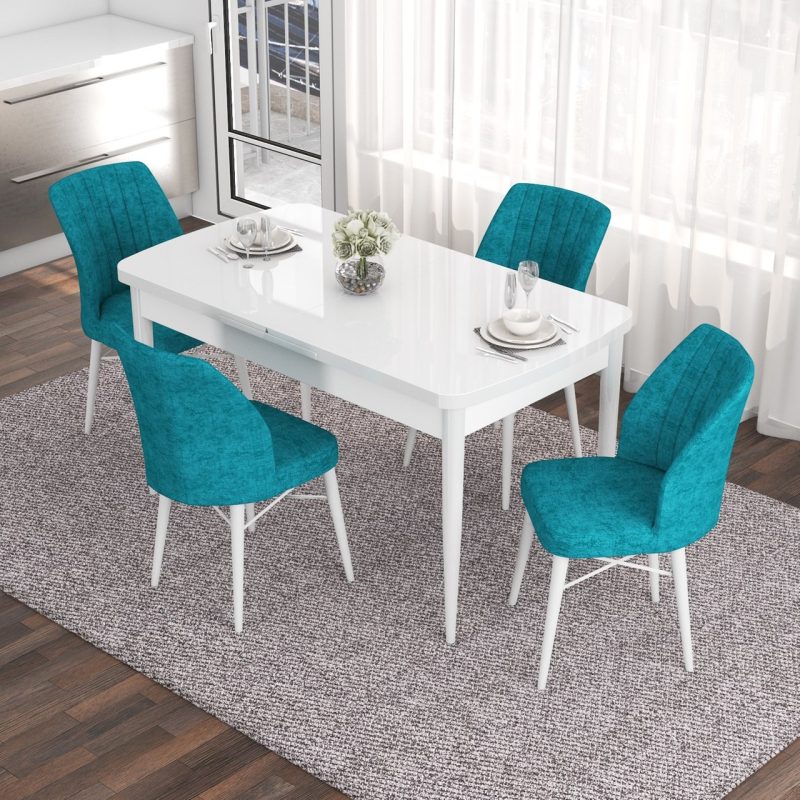 Canisa Concept Eva Serisi, 80 x 132 cm  Açılabilir Mdf Mutfak Masa Takımı, Beyaz Masa ve 4 Sandalye