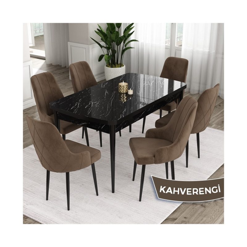 Canisa Concept Ram Serisi, 80 x 132 cm Açılabilir Masa Takımı,siyah Mermer Desen Masa 6 Sandalye