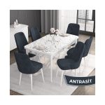 Canisa Concept Roy Serisi,80 x 132 cm Açılabilir Mdf Masa,beyaz Mermer Desen Mutfak Masa Takımı, 6 Sandalye