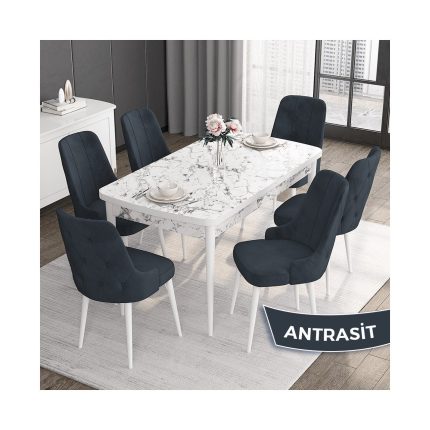 Canisa Concept Roy Serisi,80 x 132 cm Açılabilir Mdf Masa,beyaz Mermer Desen Mutfak Masa Takımı, 6 Sandalye
