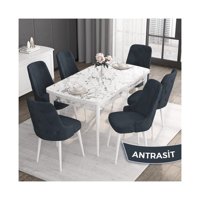 Canisa Concept Roy Serisi,80 x 132 cm Açılabilir Mdf Masa,beyaz Mermer Desen Mutfak Masa Takımı, 6 Sandalye