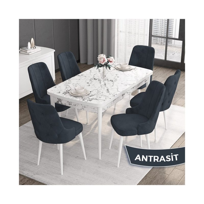 Canisa Concept Roy Serisi,80 x 132 cm Açılabilir Mdf Masa,beyaz Mermer Desen Mutfak Masa Takımı, 6 Sandalye