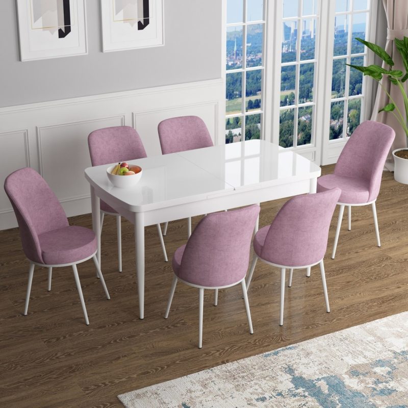 Canisa Concept Han Serisi 70X114, Açılabilir Mdf Mutfak Masa Takımı, Beyaz Masa ve 6 Sandalye