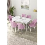 Canisa Nef Serisi 70 x 114 Cm, Açılabilir Mdf Mutfak Masa Takımı, Beyaz Mermer Desen Masa ve 6 Sandalye