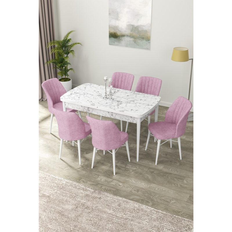 Canisa Nef Serisi 70 x 114 Cm, Açılabilir Mdf Mutfak Masa Takımı, Beyaz Mermer Desen Masa ve 6 Sandalye