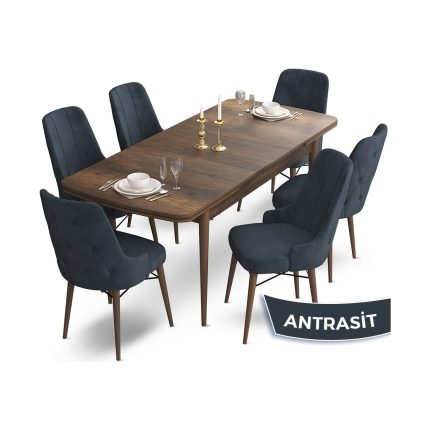 Ahu Serisi 80 x 132 cm Açılabilir Masa Barok Ahşap Desen Mutfak Masa Takımı 6 Sandalye