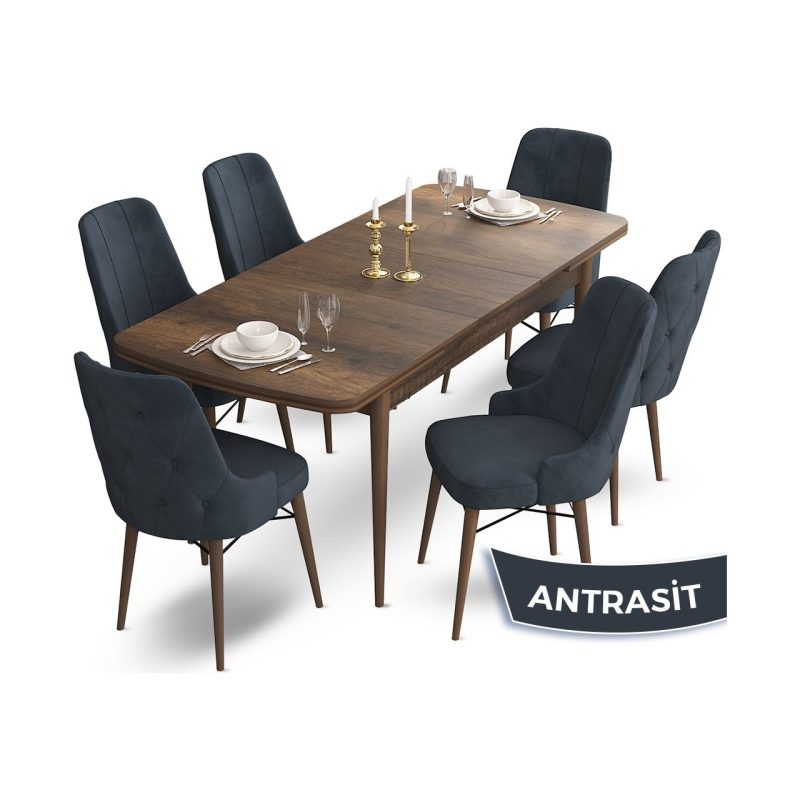 Ahu Serisi 80 x 132 cm Açılabilir Masa Barok Ahşap Desen Mutfak Masa Takımı 6 Sandalye