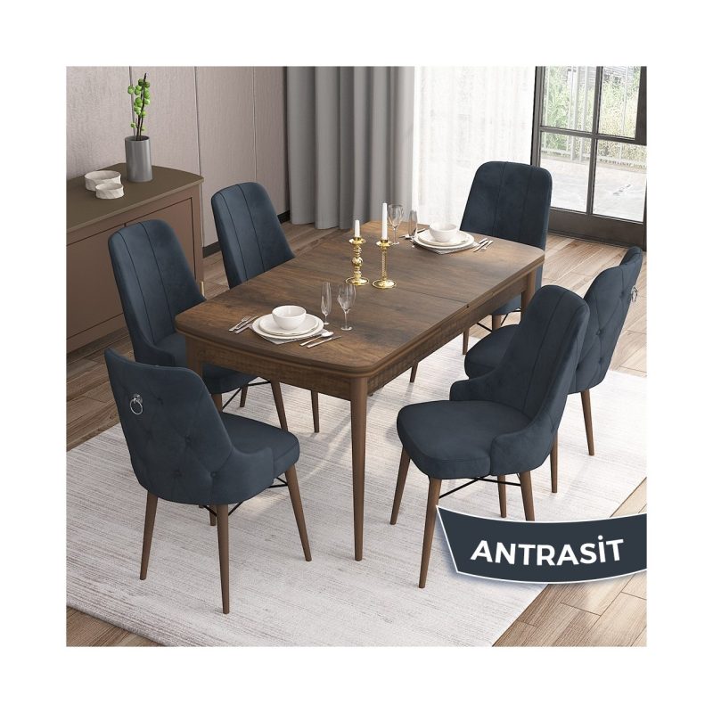 Are Serisi  80 x 132 cm Mdf Masa  Barok Ahşap Desen Masa Takımı  6 Sandalye Gümüş Halkalı