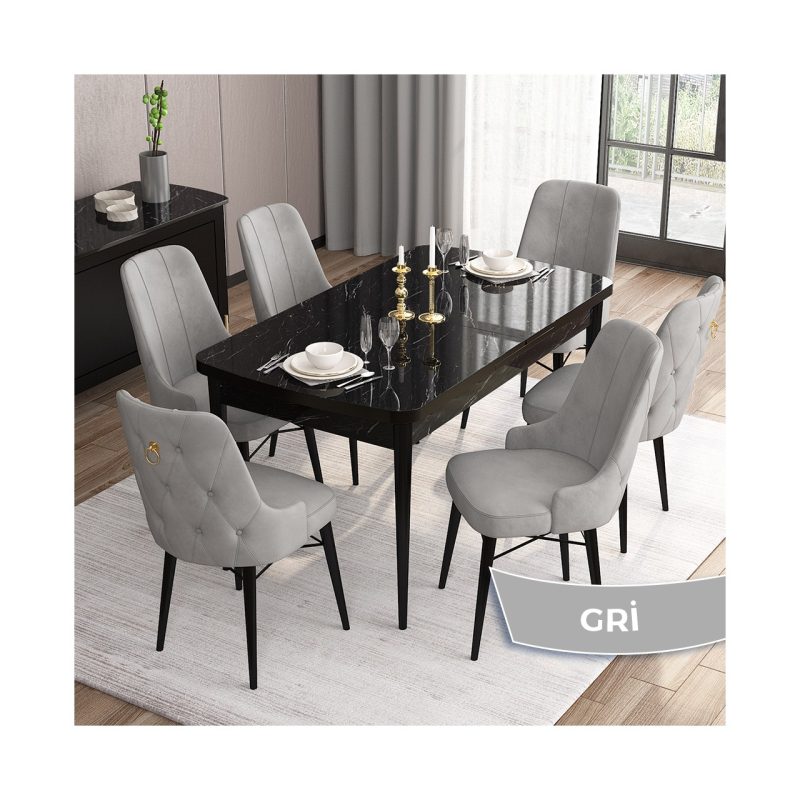 Are Serisi, 80X132 Açılabilir Mdf Masa,  Mermer Desen Mutfak Masa Takımı, 6 Sandalye