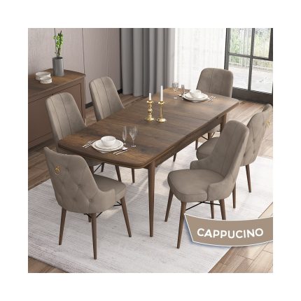 Are Serisi, Mdf 80X132 Açılabilir  Barok Ahşap Desen Mutfak Masa Takımı, 6 Sandalye Gold Halkalı