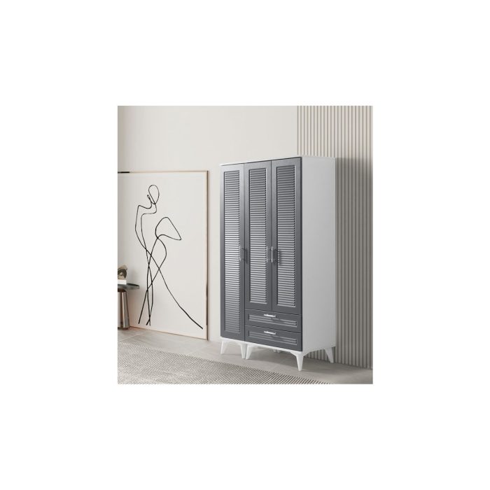 Avm 24 Kartal Gardırop 3 Kapak Çekmeceli Beyaz-Antrasit Mdf Kapak 105X47X185