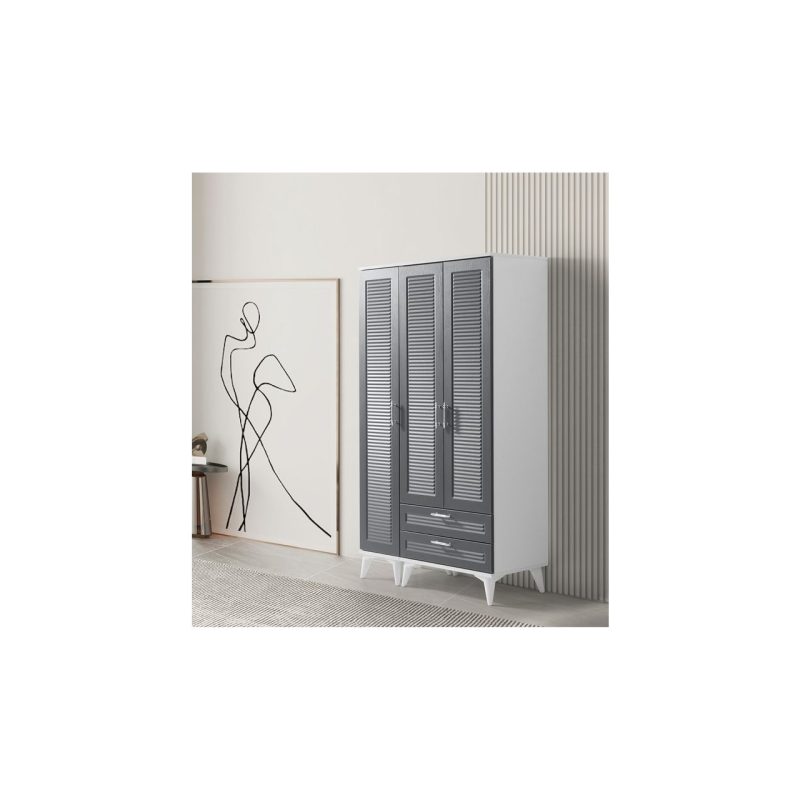 Avm 24 Kartal Gardırop 3 Kapak Çekmeceli Beyaz-Antrasit Mdf Kapak 105X47X185