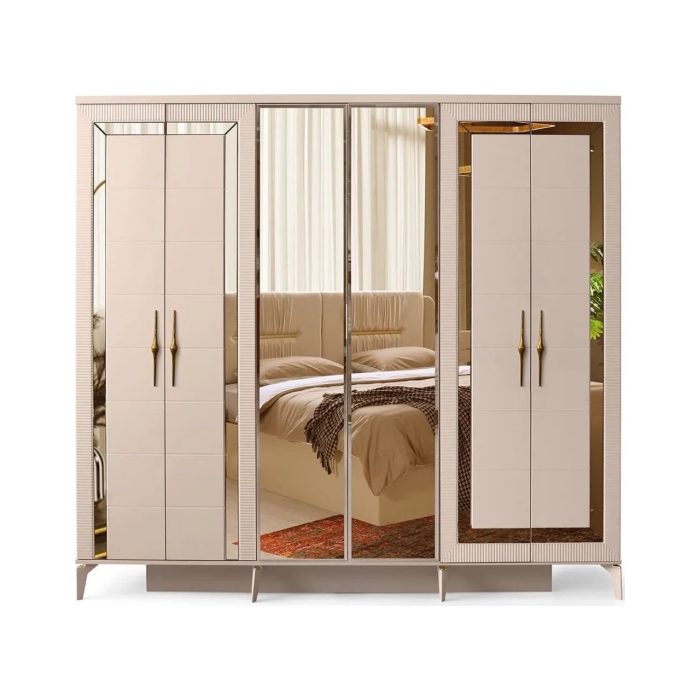 Avm 24 Stockholm Gardırop-Mdf-Kum Beji-240x60x220cm-6 Kapak-Aynalı Kapak-Ücretsiz Nakliye Ve Montaj